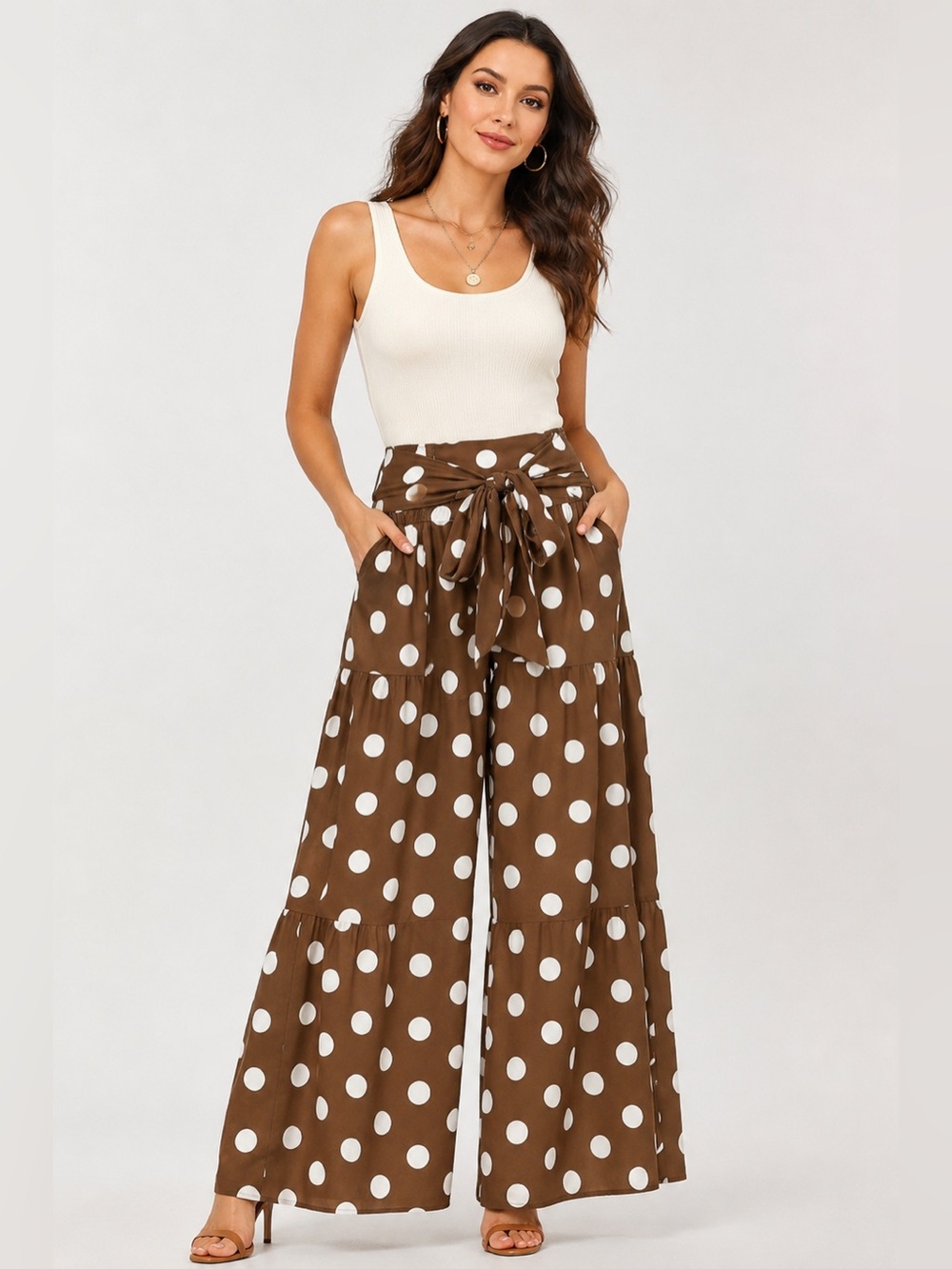 Brown Polka Dot Wide Leg Pants High Waist Tie Belt Tiered Palazzo Flowy